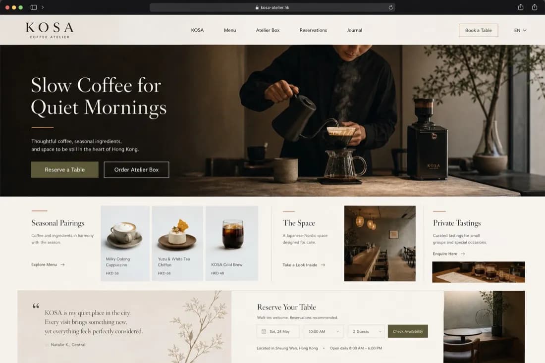 KOSA Coffee Atelier website design study with a coffee menu and reservation interface