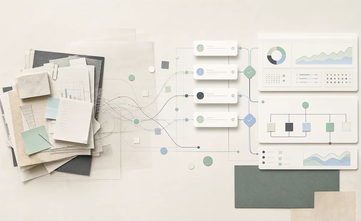 Disorganised business inputs connected to a structured workflow, approval process and reporting system.
